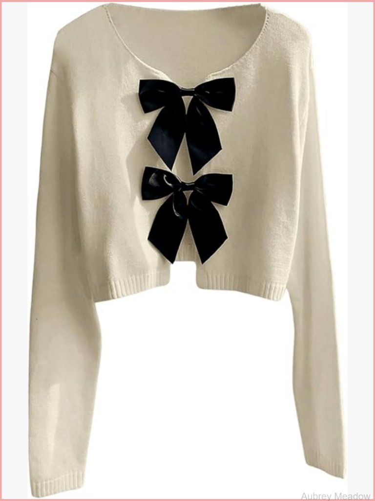 Women's Bow Front Long Sleeve Knit Crew Neck Crop Sweater